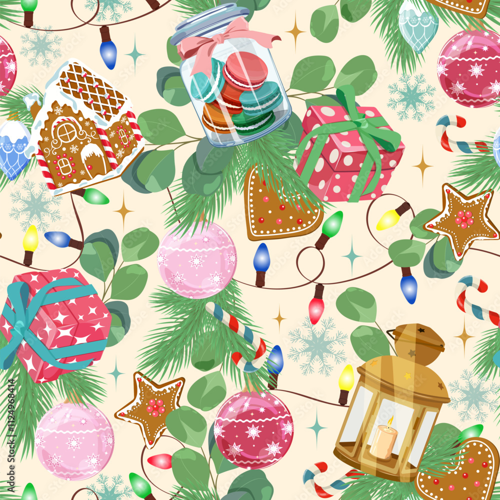 Christmas vector seamless pattern with Christmas balls, garlands , gingerbread and gifts on a light background. Background for wrapping paper, fabric print, greeting cards design Christmas vector seamless pattern with Christmas balls, garlands , gingerbread and gifts on a light background. Background for wrapping paper, fabric print, greeting cards design