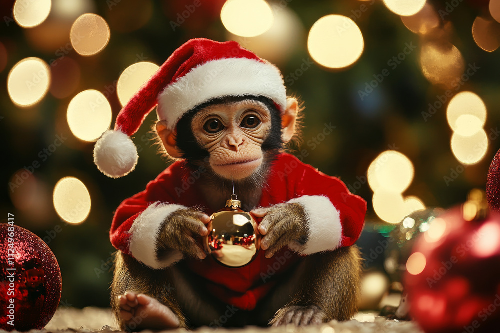 A holiday-themed picture of a monkey wearing Santa clothes, holding a small ornament while sitting in a festive setting, perfect for family cards. A holiday-themed picture of a monkey wearing Santa clothes, holding a small ornament while sitting in a festive setting, perfect for family cards.