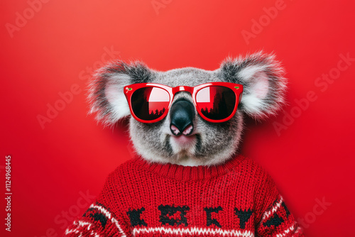 A cool koala wearing oversized red sunglasses and a Christmas-themed sweater, lounging against a bold red background for a playful seasonal look. photo