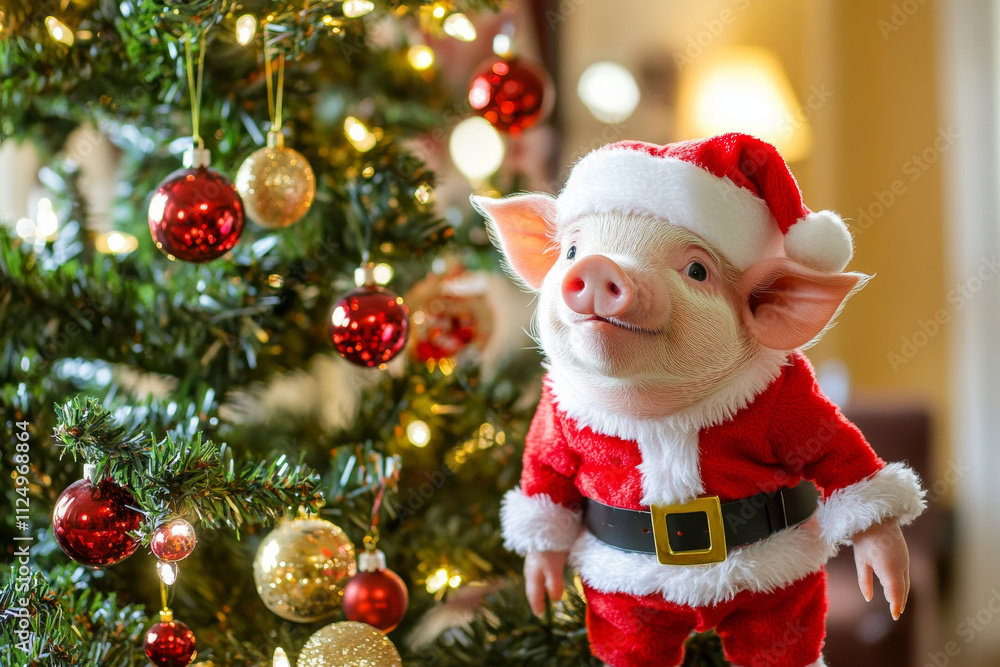 A holiday-themed picture of a piglet dressed in Santa attire, standing near a decorated Christmas tree with glowing ornaments, ideal for cheerful holiday cards. A holiday-themed picture of a piglet dressed in Santa attire, standing near a decorated Christmas tree with glowing ornaments, ideal for cheerful holiday cards.
