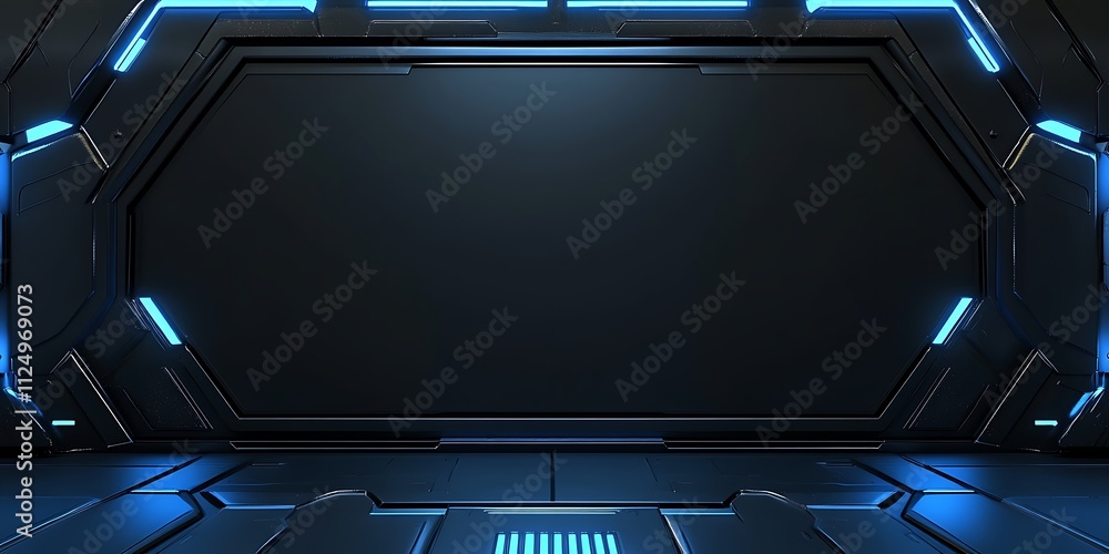 Futuristic blue neon lit dark metal room. Futuristic blue neon lit dark metal room.