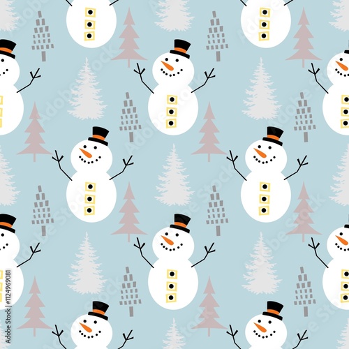 Cartoon wallpaper snowman pattern alternating with trees in a seamless row hand-drawn cute sweet blue soft with white dots alternating fashion education gift paper book