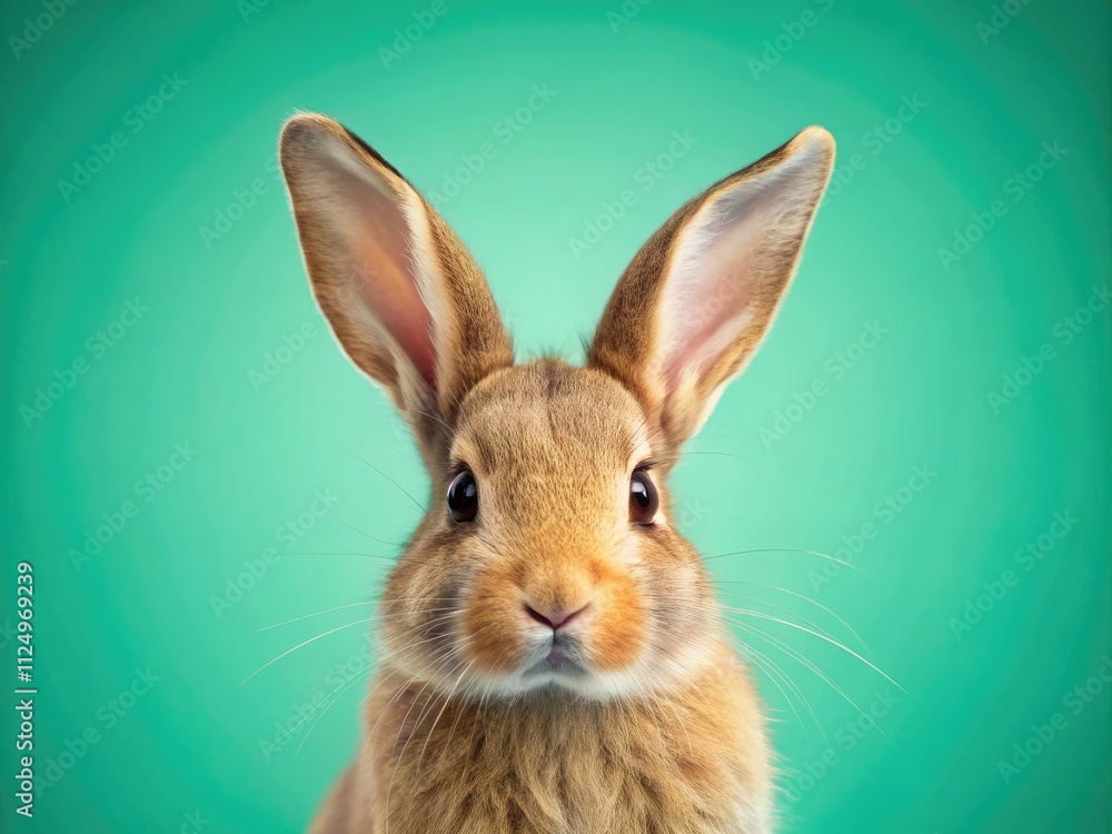 Fototapeta premium Easter Bunny Portrait: Pastel Green Blue Background, High Depth of Field