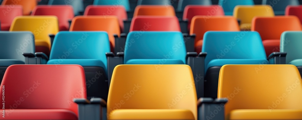 Fototapeta premium A vibrant array of colorful chairs arranged in rows, creating a lively and inviting atmosphere, perfect for gatherings or events.