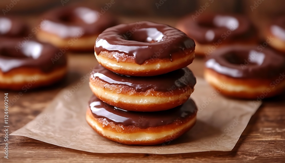 A stack of mini chocolate donuts with a glossy glaze on a brown parchment paper A stack of mini chocolate donuts with a glossy glaze on a brown parchment paper