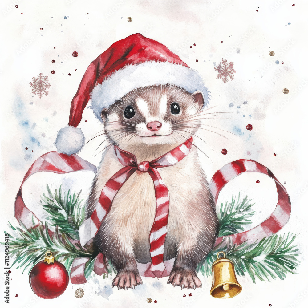 Coquette Christmas ferret illustration, watercolor. A charming ferret in a holiday hat sits among festive ribbons and bells. Coquette Christmas ferret illustration, watercolor. A charming ferret in a holiday hat sits among festive ribbons and bells.