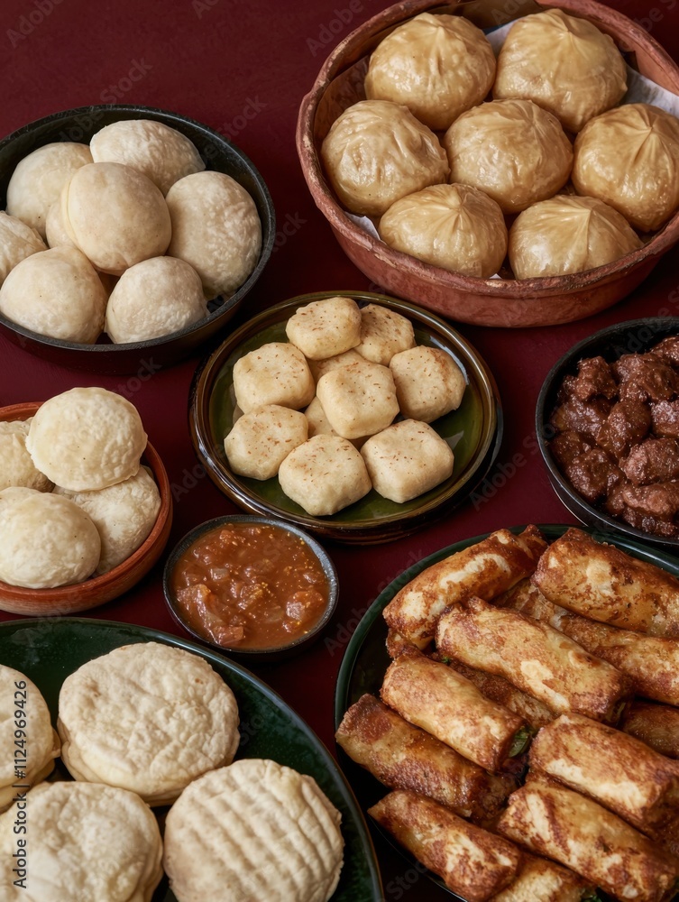 Obraz premium A vibrant spread of various dumplings, rolls, and snacks served in bowls, showcasing a delightful assortment of textures and flavors.