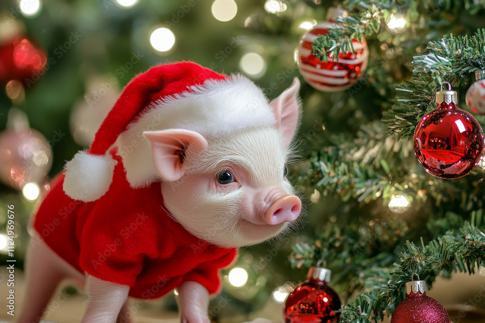 A holiday-themed picture of a piglet dressed in Santa attire, standing near a decorated Christmas tree with glowing ornaments, ideal for cheerful holiday cards. A holiday-themed picture of a piglet dressed in Santa attire, standing near a decorated Christmas tree with glowing ornaments, ideal for cheerful holiday cards.