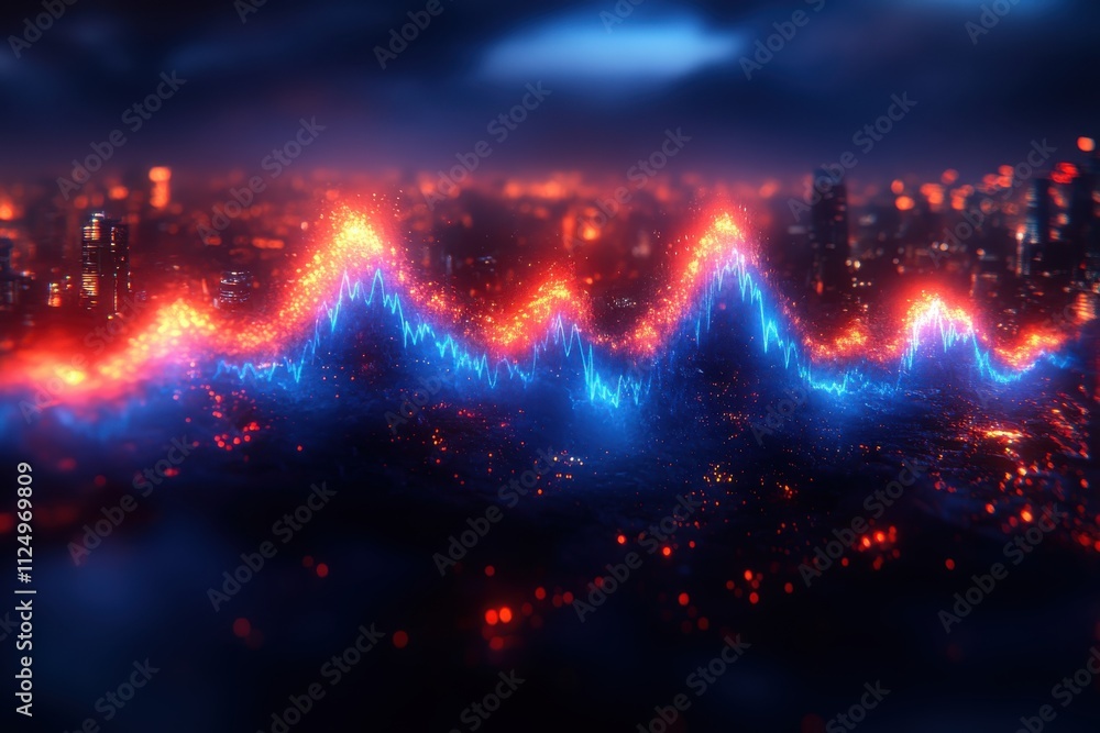 Fototapeta premium Abstract visualization of a data graph with vibrant blue and orange peaks against a city backdrop.