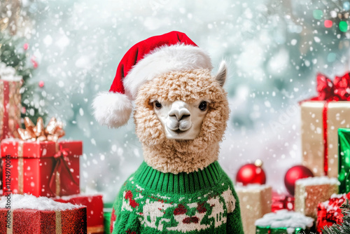 A fluffy alpaca in a green holiday sweater and Santa hat, surrounded by vibrant presents, glittering baubles, and a festive winter backdrop.