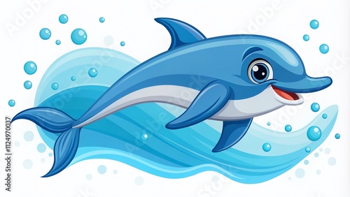 Cartoon Blue Dolphin Illustration for Aquatic Themes, Ideal for Kids' Decor and Educational Materials, Featuring a Playful Sea Animal in a Flat Vector Design on White Background photo