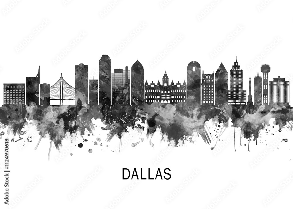 Dallas Texas Skyline BW, print poster travel art illustration urban modern downtown landmarks skyscrapers artwork architecture digital design