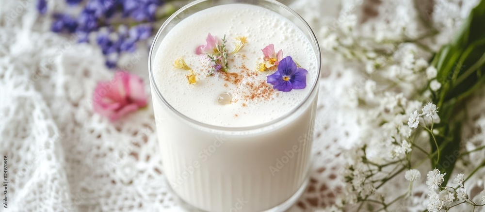A milk drink with delicate floral garnishes, on a white lace tablecloth A milk drink with delicate floral garnishes, on a white lace tablecloth