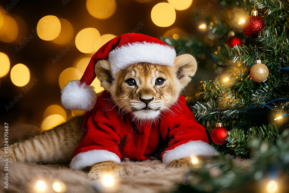 A holiday-themed picture of a lion cub dressed in Santa clothes, sitting near a glowing Christmas tree, perfect for festive promotions and cheerful cards. A holiday-themed picture of a lion cub dressed in Santa clothes, sitting near a glowing Christmas tree, perfect for festive promotions and cheerful cards.