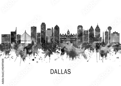 Obraz na płótnie Dallas Texas Skyline BW, print poster travel art illustration urban modern downtown landmarks skyscrapers artwork architecture digital design w salonie
