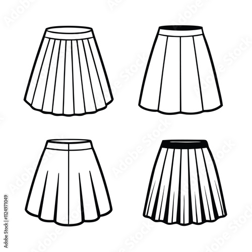 four different views of a pleated skirt. line art
