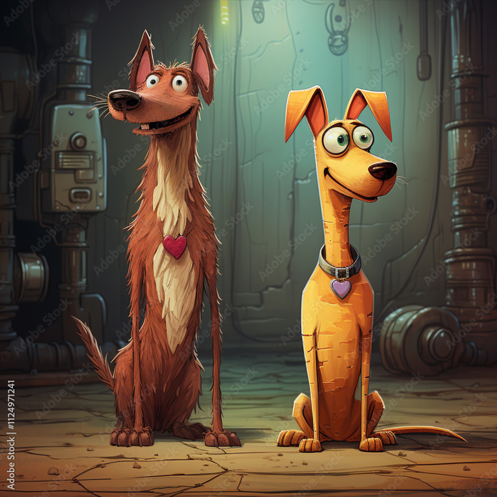 two funny dogs, cartoon style