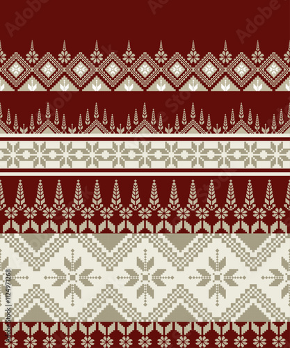 A red and white patterned fabric with a white stripe