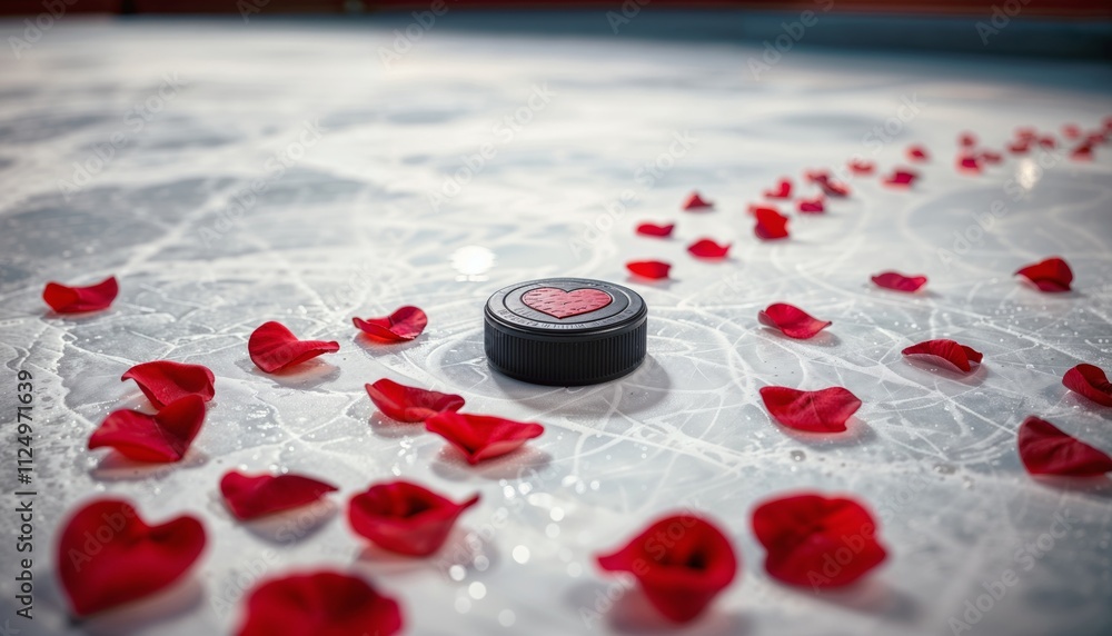 Valentine's Day Hockey Romance. A hockey puck with a heart sits on the ice amidst scattered red rose petals.