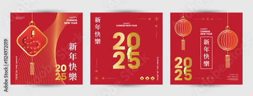 Set of 2025 Chinese new year modern square template design, year of the snake for poster, greeting card, banner with modern geometric style snakes on colourful, gold, red background. Chinese zodiac