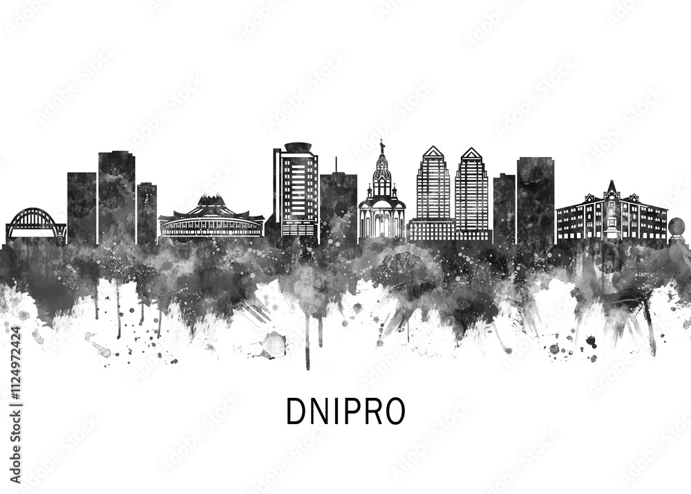 Obraz premium Dnipro Ukraine Skyline BW, print poster travel art illustration urban modern downtown landmarks skyscrapers artwork architecture digital design 