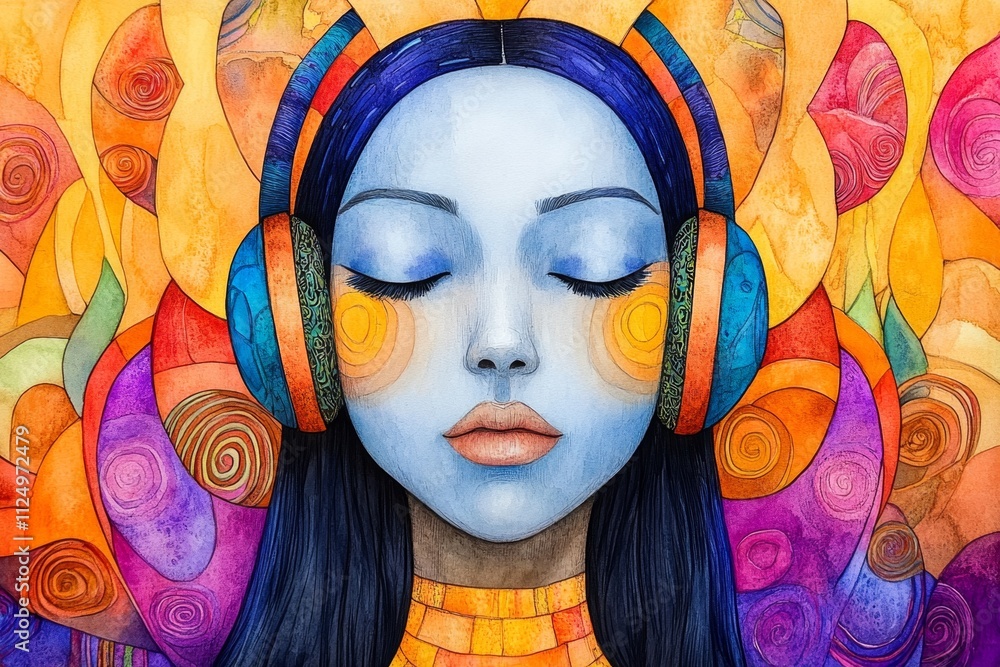 A dreamy watercolor painting of a female DJ surrounded by abstract soundwaves, with her glowing headphones blending into the vibrant background A dreamy watercolor painting of a female DJ surrounded by abstract soundwaves, with her glowing headphones blending into the vibrant background