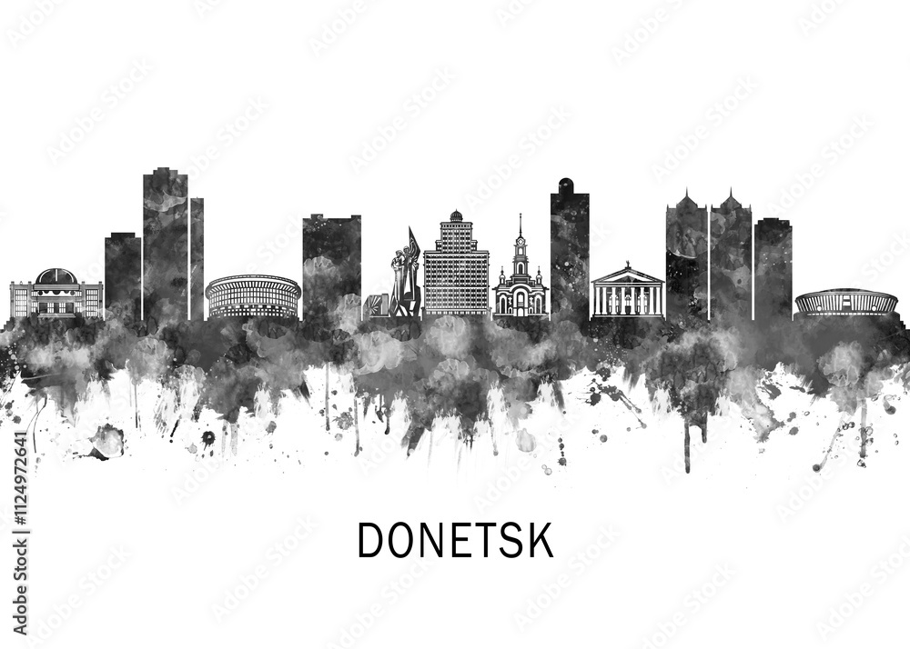Donetsk Ukraine Skyline BW, print poster travel art illustration urban modern downtown landmarks skyscrapers artwork architecture digital design Donetsk Ukraine Skyline BW, print poster travel art illustration urban modern downtown landmarks skyscrapers artwork architecture digital design