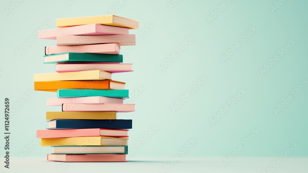 A tall, teetering stack of books with brightly colored covers, each featuring unique illustrations and typography, against a simple, neutral background. A tall, teetering stack of books with brightly colored covers, each featuring unique illustrations and typography, against a simple, neutral background.