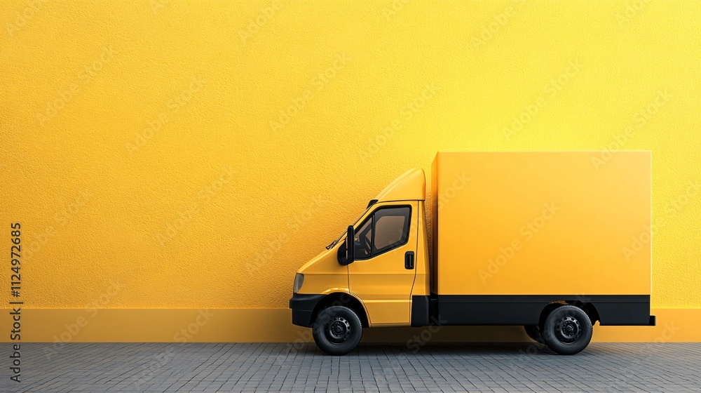 Yellow delivery van parked in front of yellow wall Yellow delivery van parked in front of yellow wall