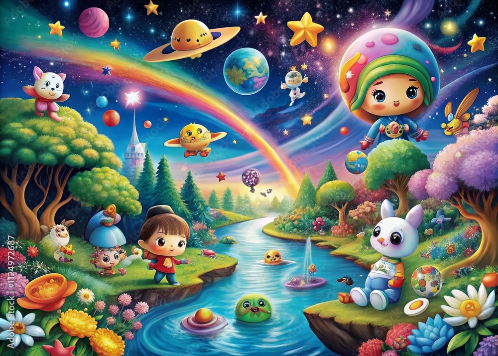 Naklejka premium Cartoon Space Adventure: Characters Exploring a Magical Planet Filled with Colorful Creatures, Sparkling Landscapes, and Whimsical Structures Under a Starry Sky