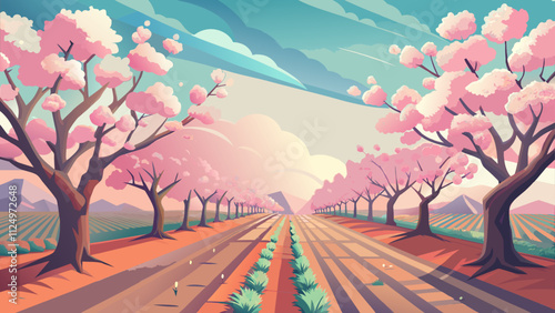 Vector illustration of blooming almond trees along a pathway under vibrant sky