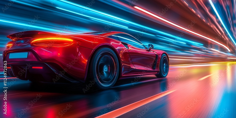 Fototapeta premium futuristic car driving through a neon-lit highway in the rain, Generative AI