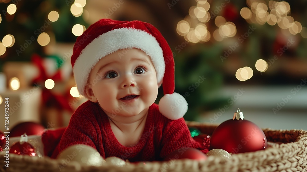 Adorable baby in santa hat surrounded by christmas ornaments and twinkling lights Adorable baby in santa hat surrounded by christmas ornaments and twinkling lights
