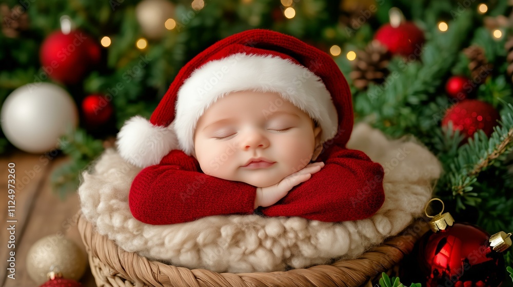 Adorable baby sleeping in santa hat surrounded by christmas decorations Adorable baby sleeping in santa hat surrounded by christmas decorations