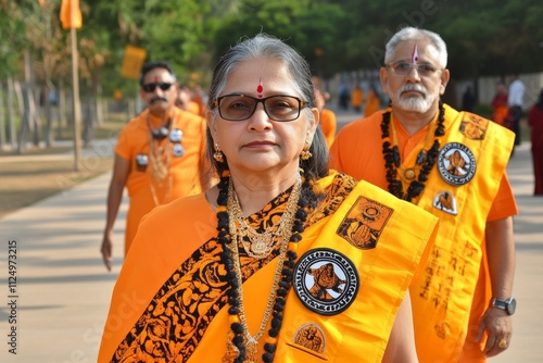 A dynamic photo of spiritual seekers walking in a procession with Aum banners, chanting in unison during a dharma gathering photo