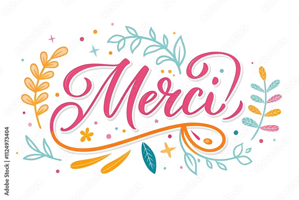 Playful “Merci” in pink calligraphy surrounded by colorful botanical designs and scattered dots on a white background. A cheerful way to express gratitude in a lively style. Playful “Merci” in pink calligraphy surrounded by colorful botanical designs and scattered dots on a white background. A cheerful way to express gratitude in a lively style.