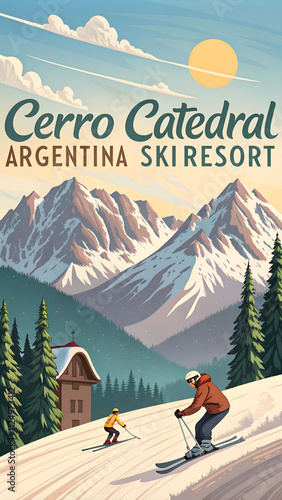 Cerro Catedral Argentina: Retro Ski Resort Poster Illustration for Travel Decor