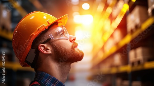 An engineer in a hardhat and safety glasses inspecting equipment in a vast warehouse, sunlight streaming through the high windows, highlighting the scale of the space. photo