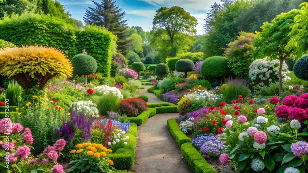 Naklejka premium Picturesque Garden Path with Vibrant and Colorful Summer Flowers