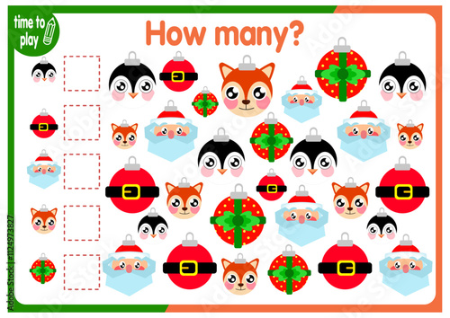 Christmas counting game. Winter math lesson for preschool children. How Many Objects Worksheet. Educational riddle with cute funny pictures. New Year. Christmas	
