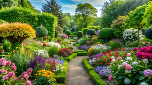 Picturesque Garden Path with Vibrant and Colorful Summer Flowers