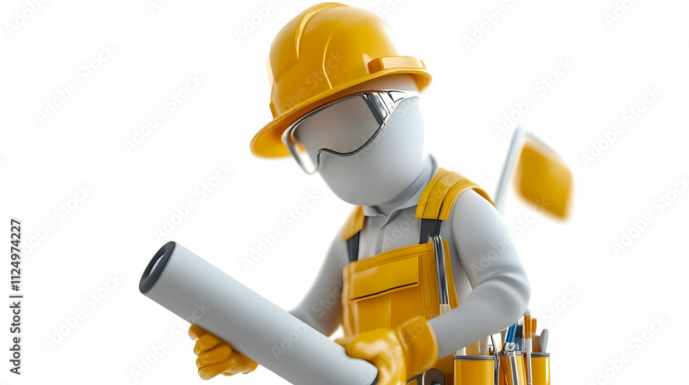 3D Illustration: Construction Worker with Blueprint 3D Illustration: Construction Worker with Blueprint