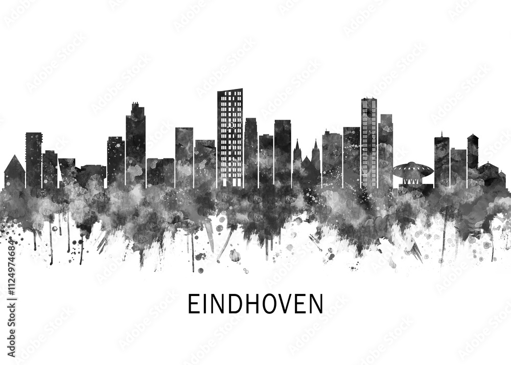 Eindhoven Netherlands Skyline BW, print poster travel art illustration urban modern downtown landmarks skyscrapers artwork architecture digital design