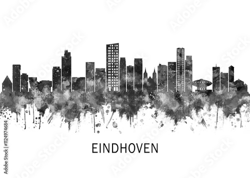 Obraz na płótnie Eindhoven Netherlands Skyline BW, print poster travel art illustration urban modern downtown landmarks skyscrapers artwork architecture digital design w salonie
