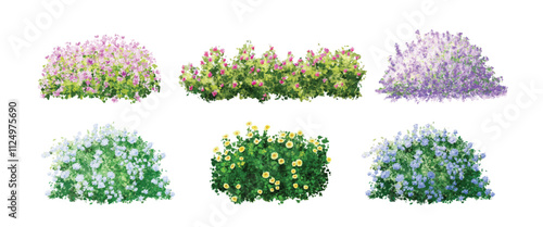 Set of flower bushes watercolor illustration on white background