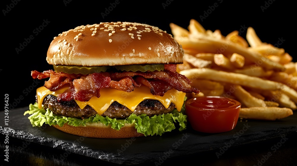 Delicious Cheeseburger with Fries and Ketchup Delicious Cheeseburger with Fries and Ketchup