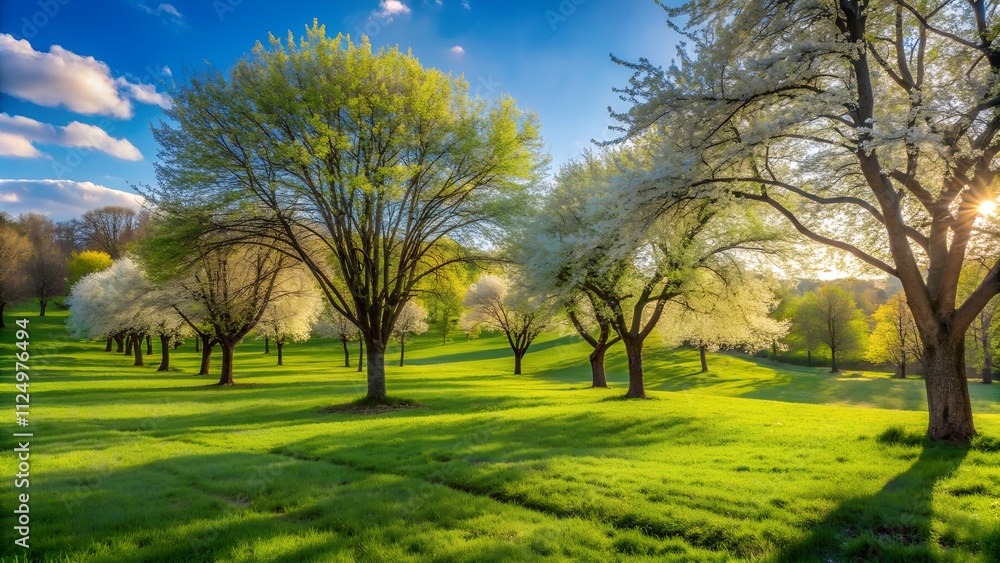 Picturesque park with lush green grass and blossoming trees under blue sky Picturesque park with lush green grass and blossoming trees under blue sky