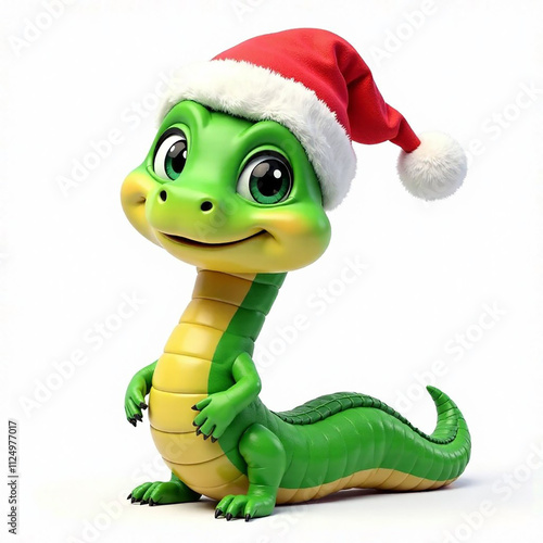 A smiling snake wearing a Christmas hat. Festive holiday animal design. Symbol 2025 Chinese Year