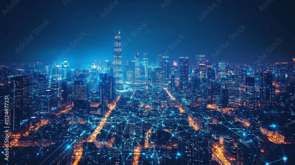 Fototapeta premium futuristic city skyline at night with lights, Generative AI