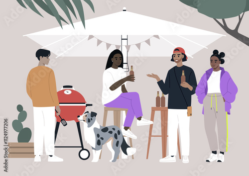 A group of friends enjoys a lively BBQ party, grilling tasty food and drinking beers while seated under an umbrella, Laughter fills the air as they share drinks and good times alongside a playful dog.